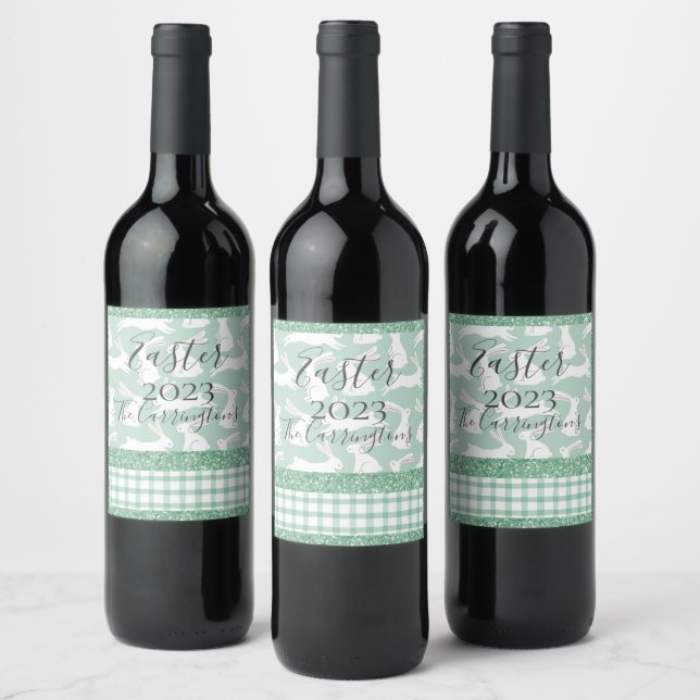 Green Glitter Gingham Plaid Rabbits Wine Label (Bottles)