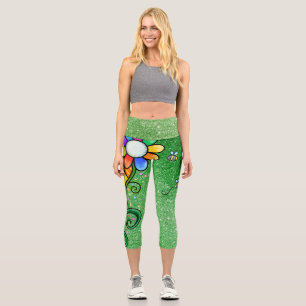 Green Glitter Glam - Retro Flower ,Sunshine, Bees Capri Leggings