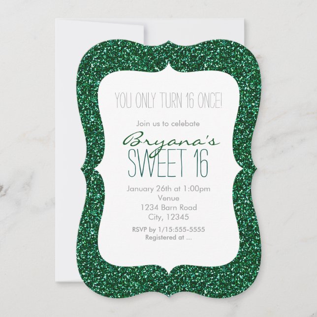 Green Glitter Glam Sweet 16 Birthday Invitations (Front)