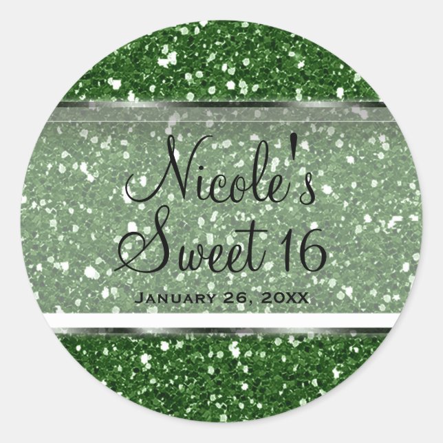 Green Glitter Glam Sweet 16 Custom Party Favour Classic Round Sticker (Front)