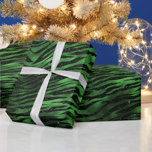 Green Glitter Glam Tiger Stripes Pattern Wrapping Paper (Holidays)