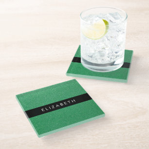 Green Glitter, Glitter Background, Your Name Glass Coaster