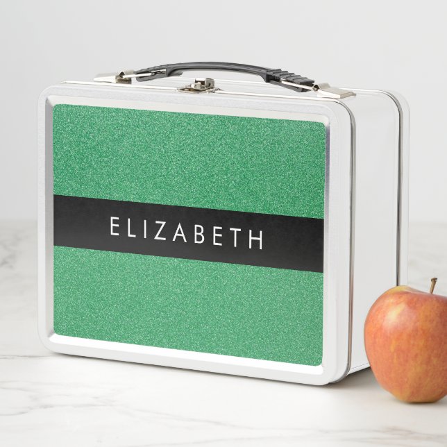 Green Glitter, Glitter Background, Your Name Metal Lunch Box (In Situ)