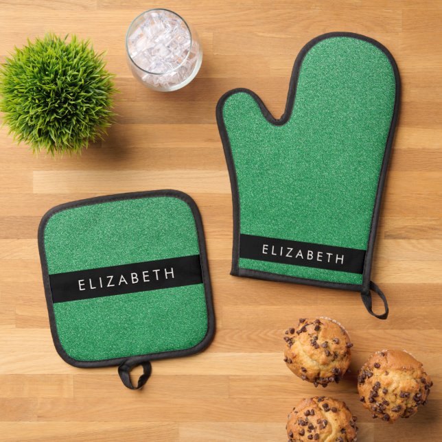 Green Glitter, Glitter Background, Your Name Oven Mitt & Pot Holder Set (Top Down)