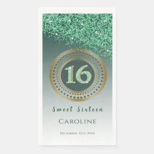 Green Glitter & Gold Sweet 16 Monogrammed  Napkin
