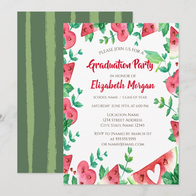 Green Glitter Grad Cap,Watermelon Graduation  Invitation (Front/Back)