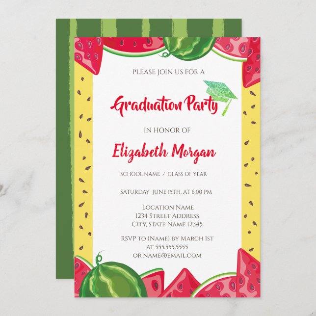 Green Glitter Graduation Cap,Watermelon Graduation Invitation (Front/Back)