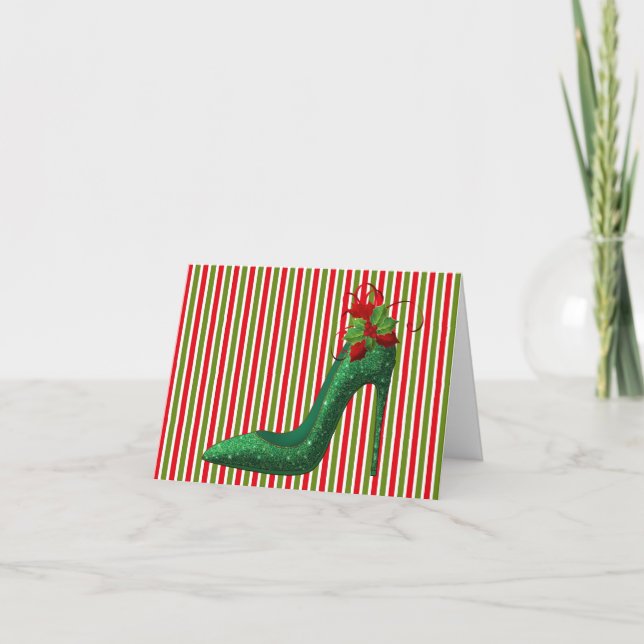 Green Glitter Heels Christmas Greeting Card (Front)