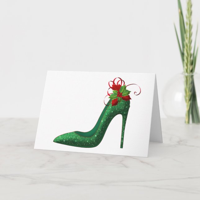 Green Glitter Heels Christmas Greeting Card (Front)