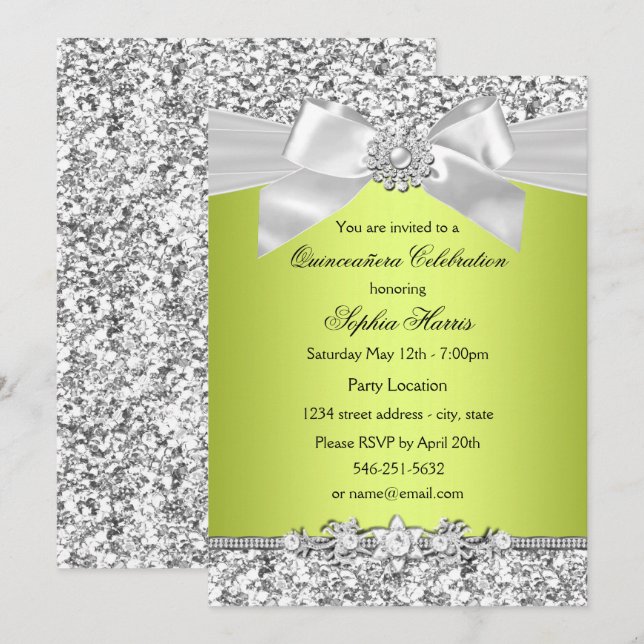 Green Glitter Jewel Bow Quinceanera Invitation (Front/Back)