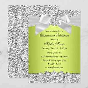 Green Glitter Jewel Bow Quinceanera Invitation