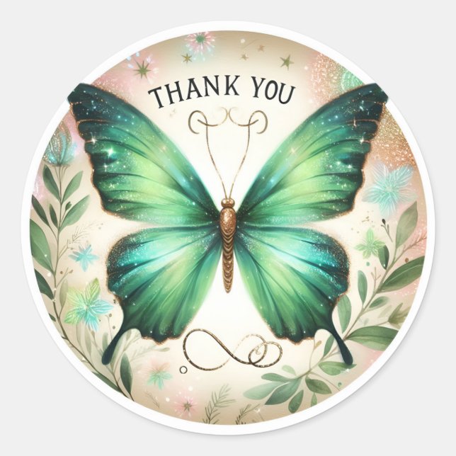 Green Glitter Leaves Butterfly - Thank you - Classic Round Sticker (Front)