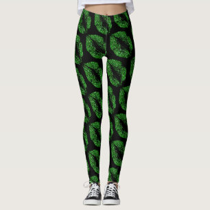 Green Glitter Lips Modern Black Leggings