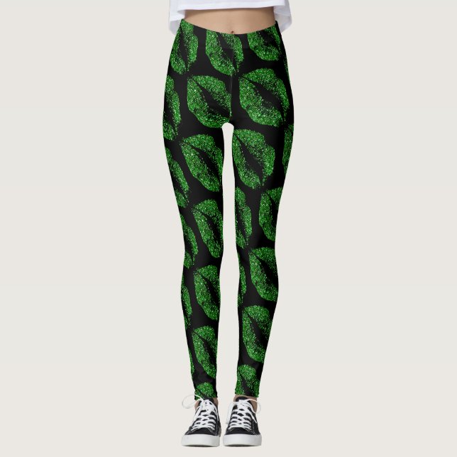 Green Glitter Lips Modern Black Leggings (Front)