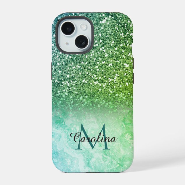 Green Glitter, Marble, Personalised iPhone 15 Case (Back)