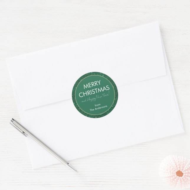 Green Glitter Merry Christmas Happy New Year Classic Round Sticker (Envelope)