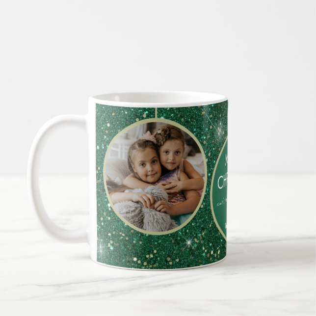 Green Glitter Merry Christmas Photo  Coffee Mug (Left)