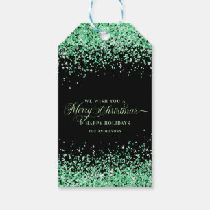 Green Glitter & Merry Christmas Text Parsonalized Gift Tags