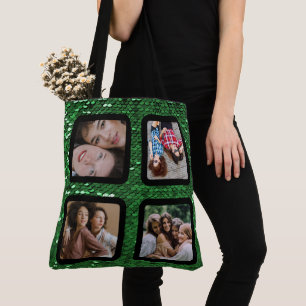 Green glitter Modern 4 Photo Collage BFF Tote Bag