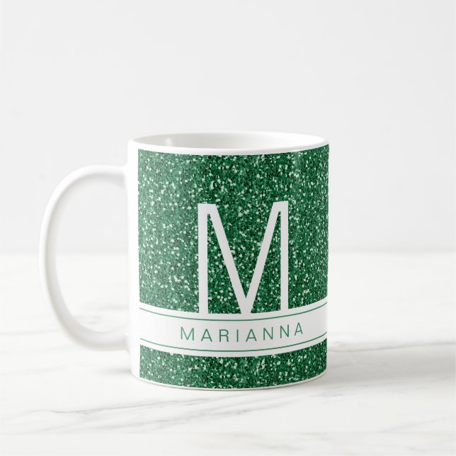 Green Glitter Monogram Custom Initial Name Coffee Mug (Left)