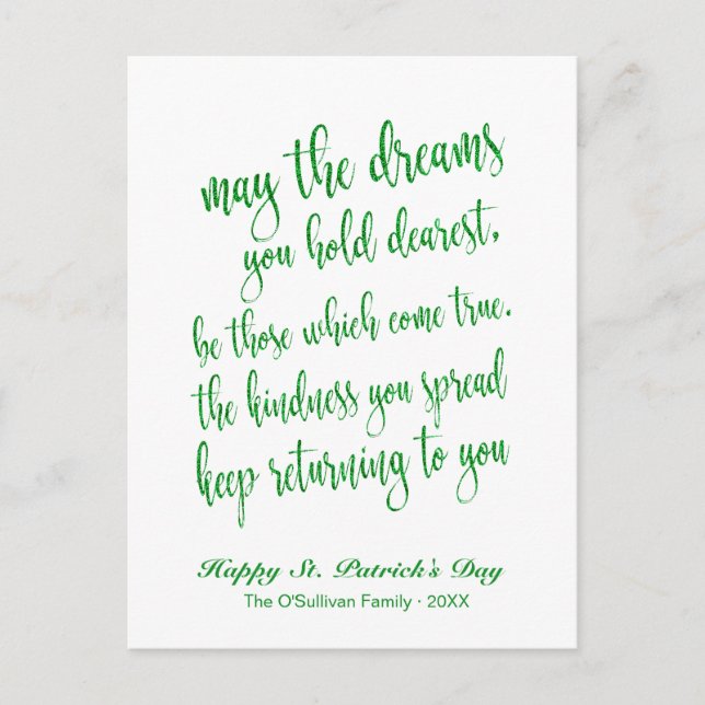 Green Glitter Old Irish Blessing St. Patrick's Day Postcard (Front)