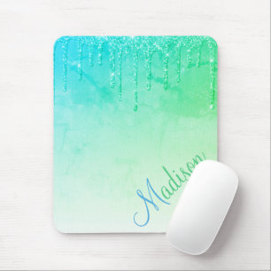 Green Glitter Ombré Glam Sparkles Name Mouse Mat