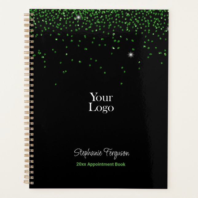 Green Glitter on Black Background Weekly Monthly Planner (Front)