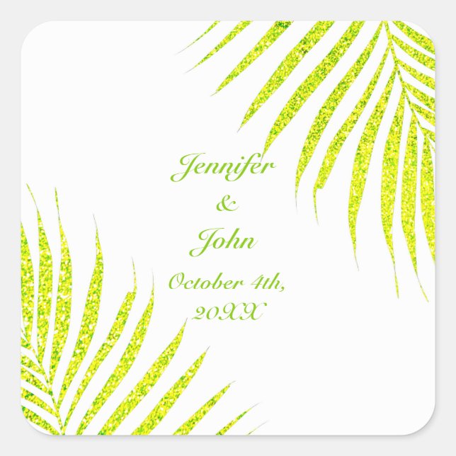 Green Glitter Palm Leaf White Tropical Wedding Square Sticker (Front)