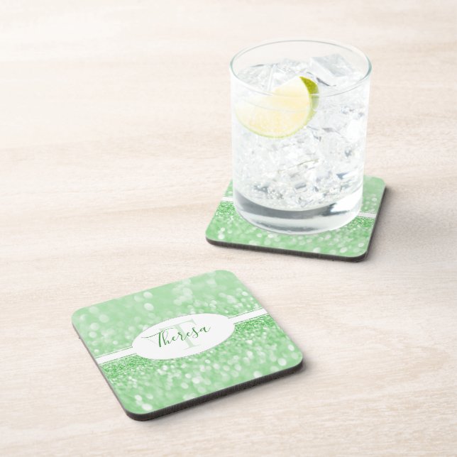 Green Glitter Personalise Plastic Coaster (Right Side)