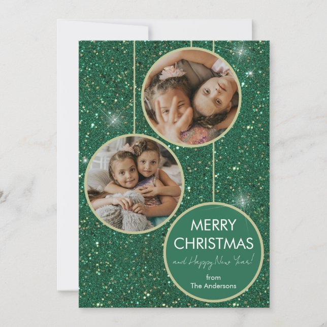 Green Glitter Photo Merry Christmas Holiday Card (Front)