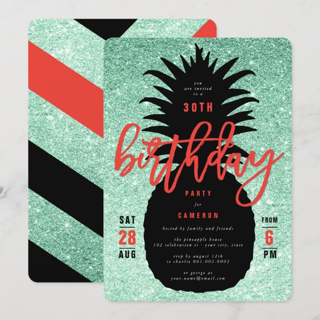 Green Glitter Pineapple Chic Birthday Party Invite (Front/Back)