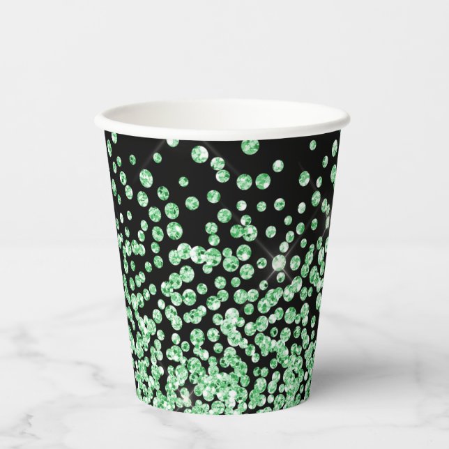 Green glitter print faux shiny confetti sprinkles paper cups (Front)
