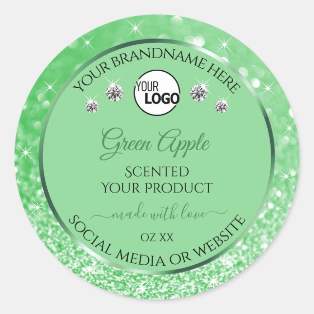 Green Glitter Product Labels with Logo Rhinestones (Front)