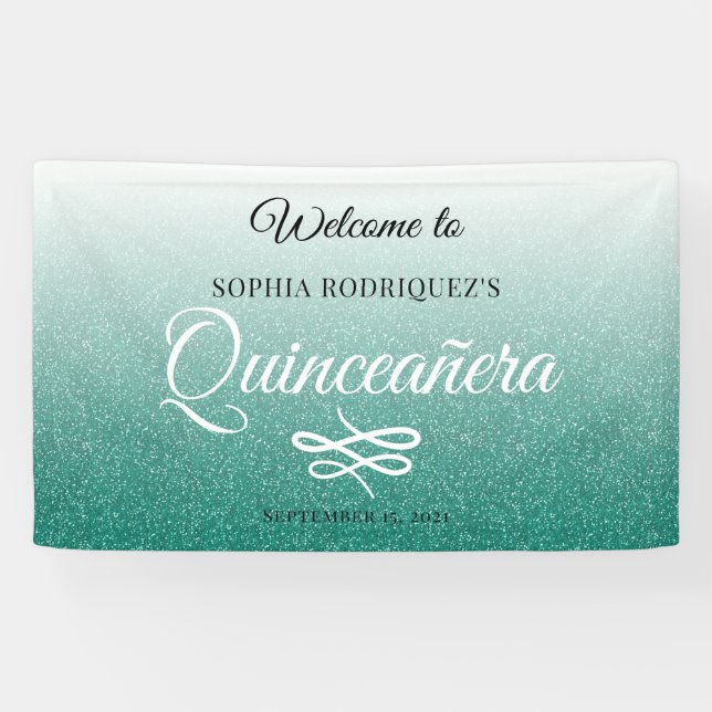 Green Glitter Quinceañera 15th Birthday Welcome Banner (Horizontal)