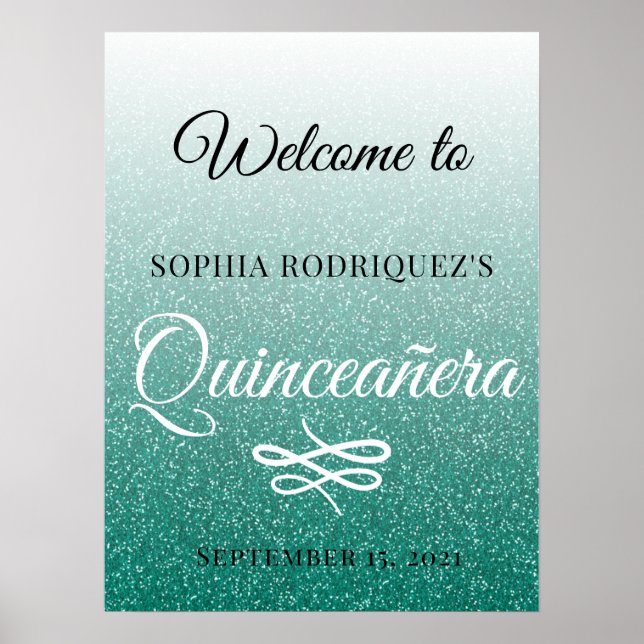 Green Glitter Quinceañera 15th Birthday Welcome Poster (Front)