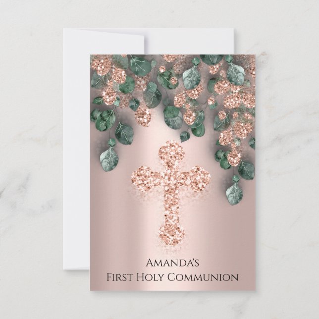 Green Glitter Rose First Holy Communion Cross Invitation (Back)