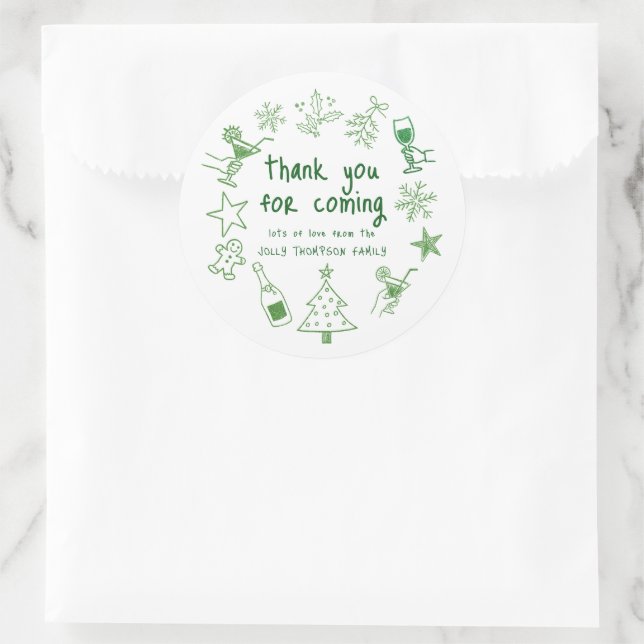 Green Glitter Scribble Doodles Thank You Classic Round Sticker (Bag)