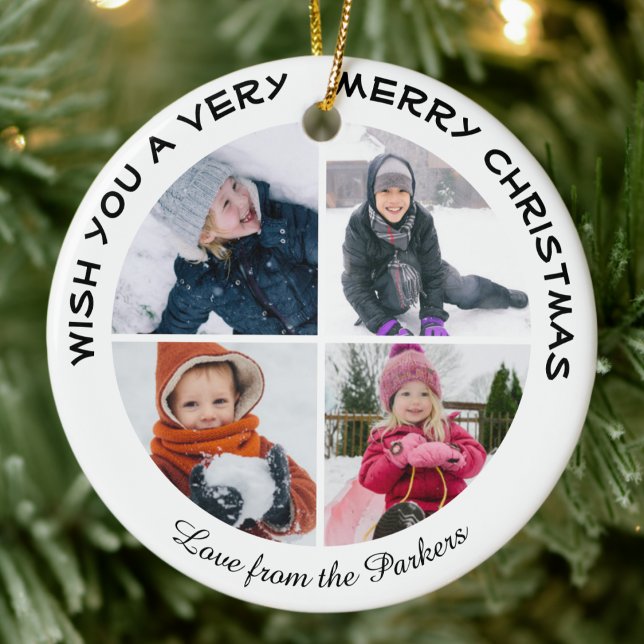 Green Glitter Script 4 Photo Collage Christmas Ceramic Tree Decoration (Creator Uploaded)