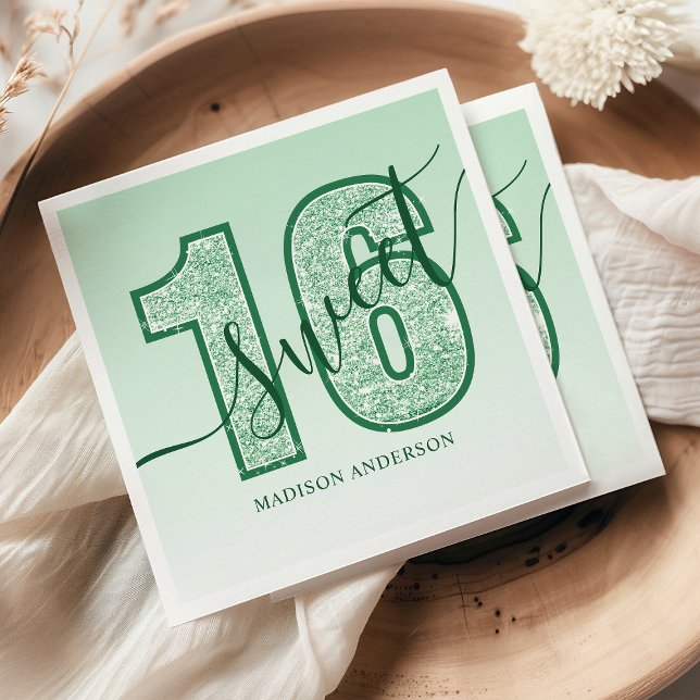 Green Glitter Script Sweet 16 Birthday Napkin (Creator Uploaded)