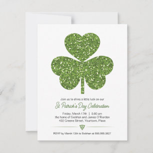 Green Glitter Shamrock St Patricks Party Invitation