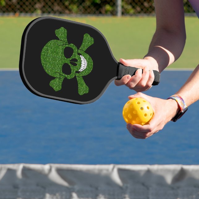 Green Glitter Skull And Crossbones Pickleball Paddle (Insitu)