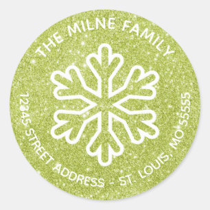 Green Glitter Snowflake - Circle Return Address Classic Round Sticker