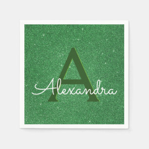 Green Glitter & Sparkle Monogram Initial Birthday Napkin