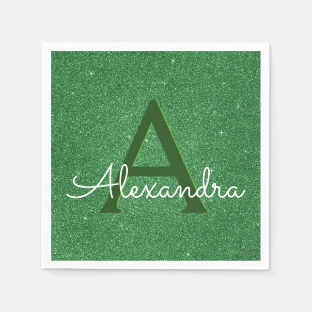 Green Glitter & Sparkle Monogram Initial Birthday Napkin (Front)