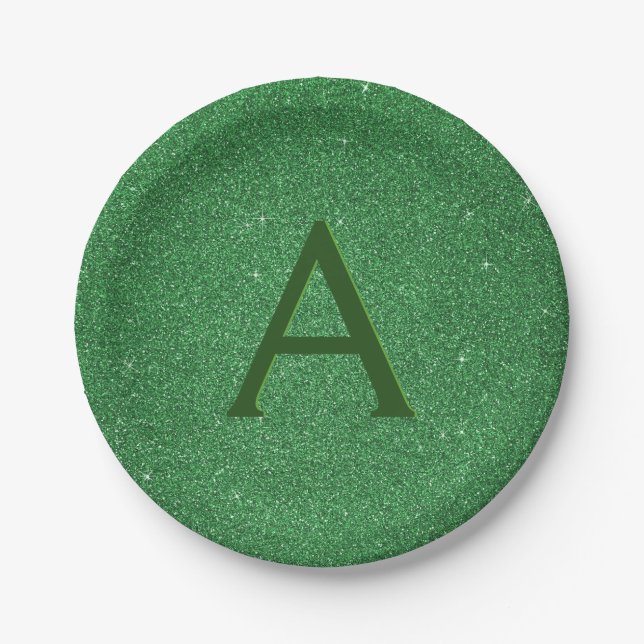 Green Glitter & Sparkle Monogram Irish Paper Plate (Front)