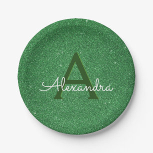 Green Glitter & Sparkle Monogram Irish Paper Plate