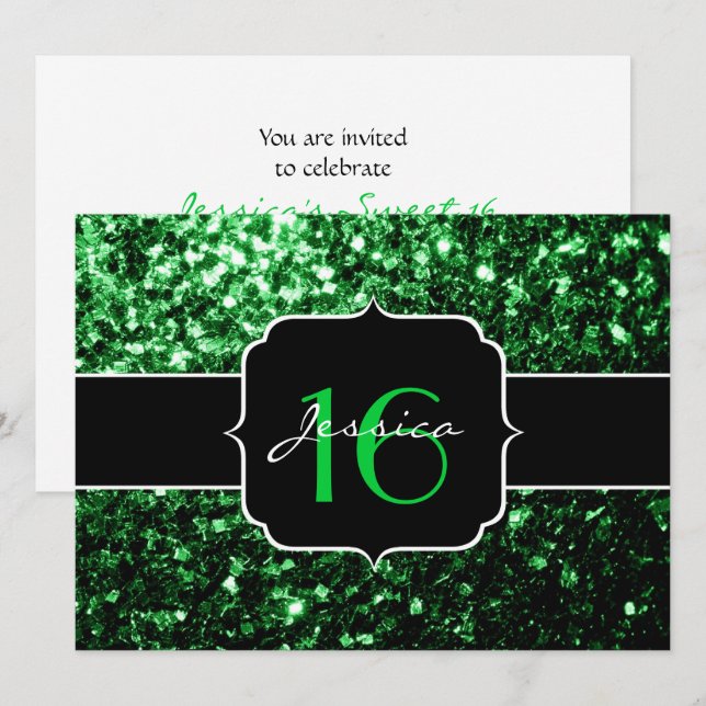 Green glitter sparkles Sweet 16 Invitation (Front/Back)