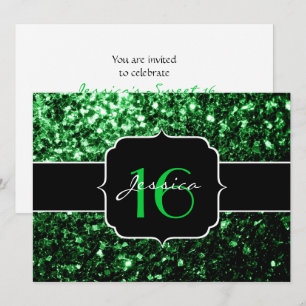 Green glitter sparkles Sweet 16 Invitation