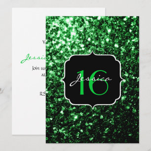 Green glitter sparkles Sweet 16 Invitation