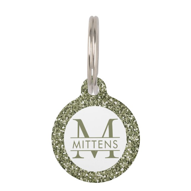 Green Glitter Sparkly Monogram Name Pet Tag (Front)